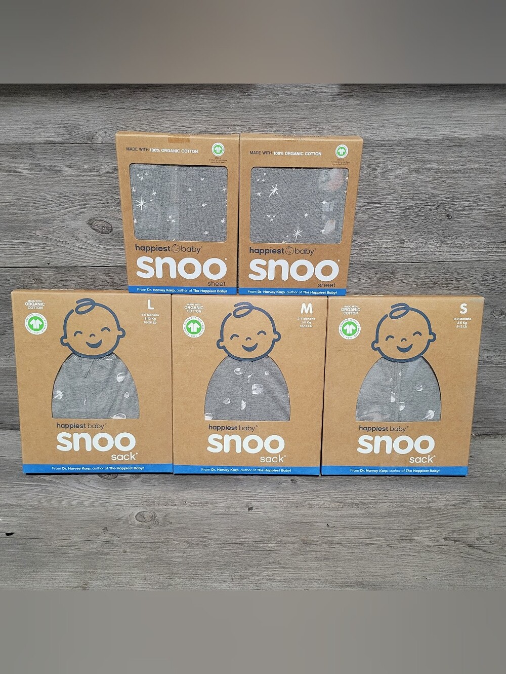 Happiest Baby SNOO Organic Cotton Bundle, 3 Sleep Sacks & 2 Bassinet Sheets Grey